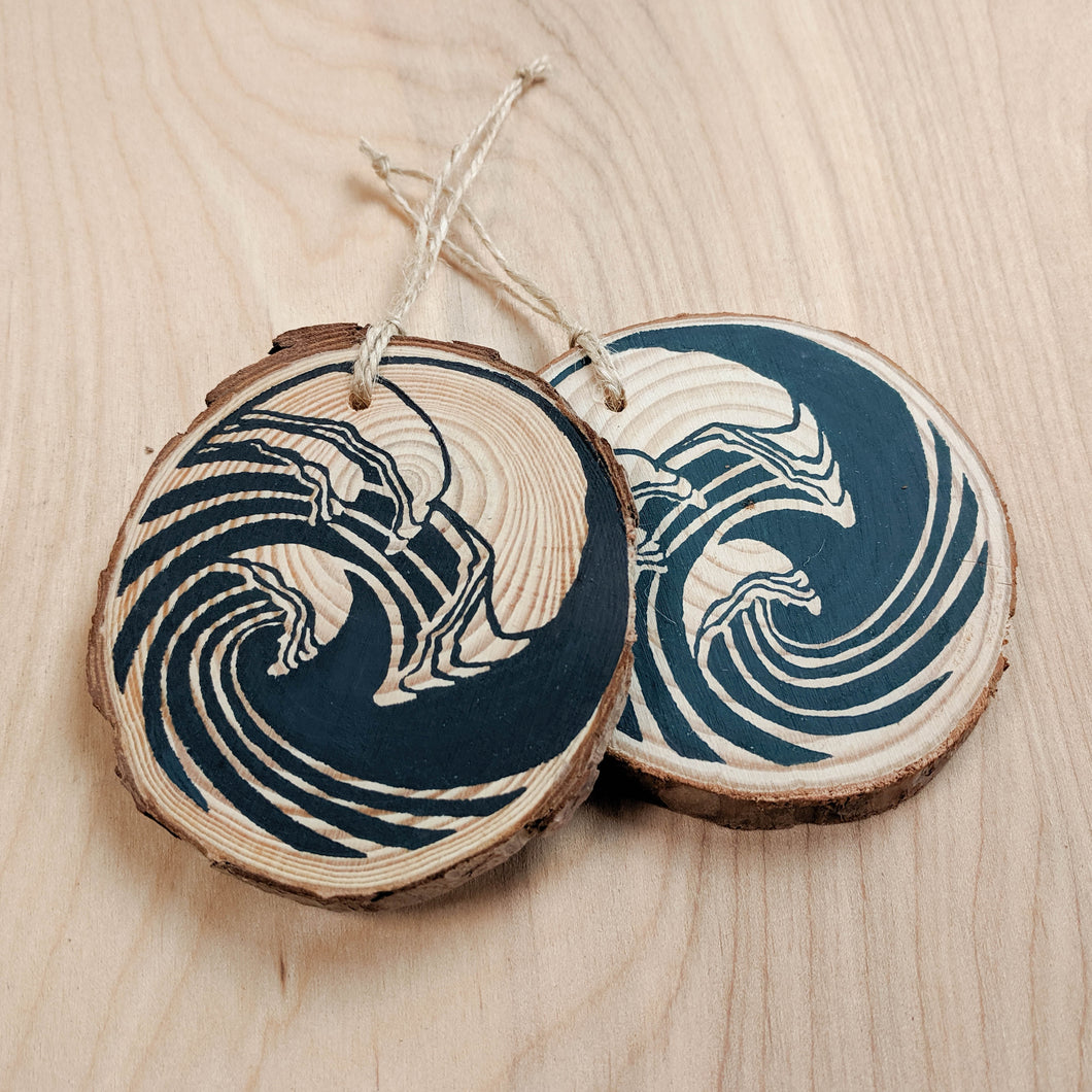 Indigo Wave Wood Slice Ornament